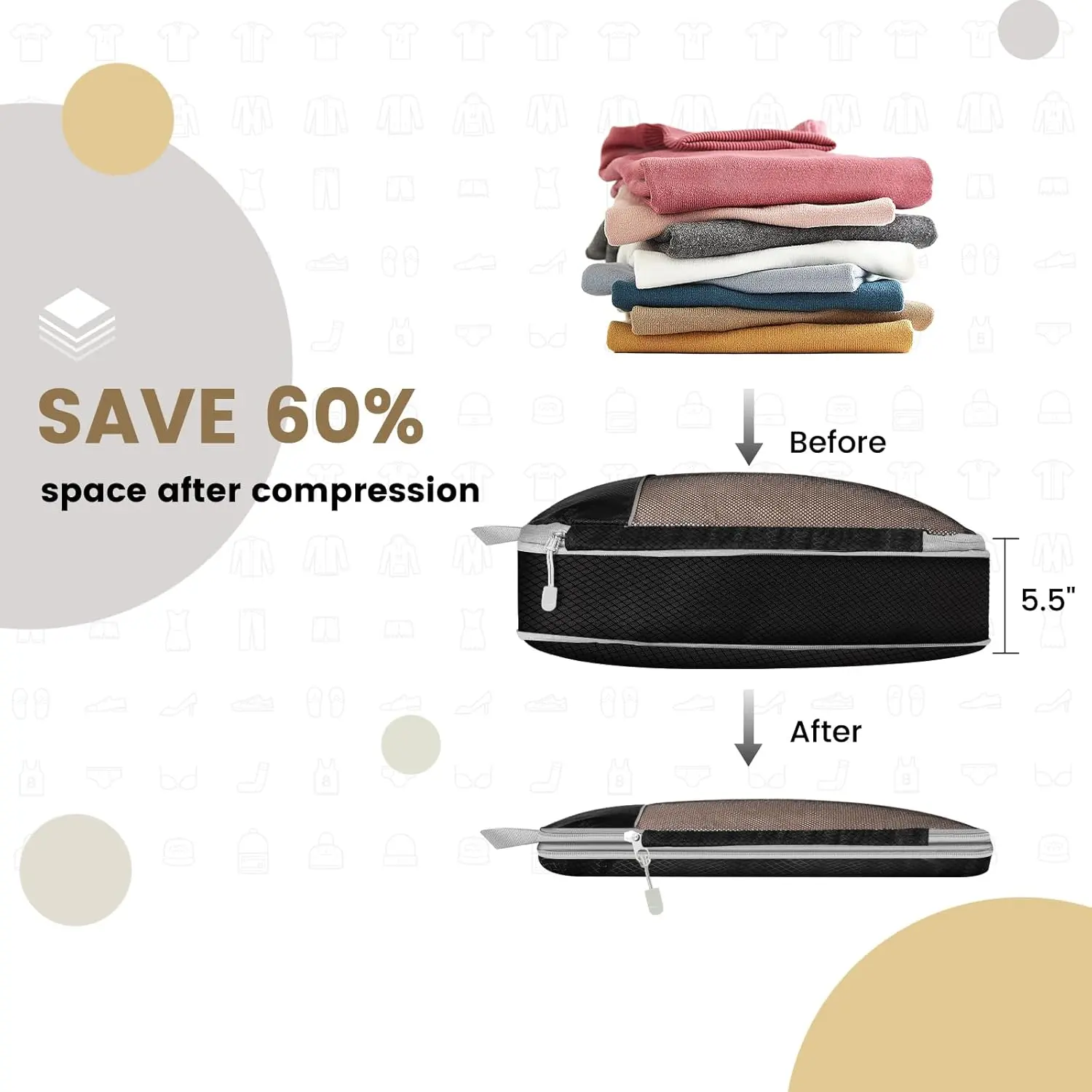 6PCS Travel Compressed Packing Cubes Storage Organizer Set With Shoe Bag Mesh Visual Luggage Portable Lightweight Suitcase Bag