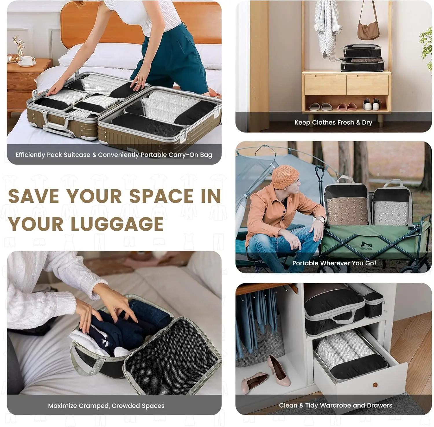 6PCS Travel Compressed Packing Cubes Storage Organizer Set With Shoe Bag Mesh Visual Luggage Portable Lightweight Suitcase Bag