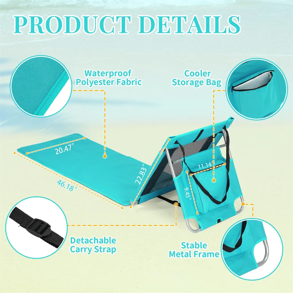 1PC Foldable Beach Lounger, Lightweight Beach Mat Lounge Chair with Breathable Mesh Back, Cooler Pocket for Tanning Relaxing