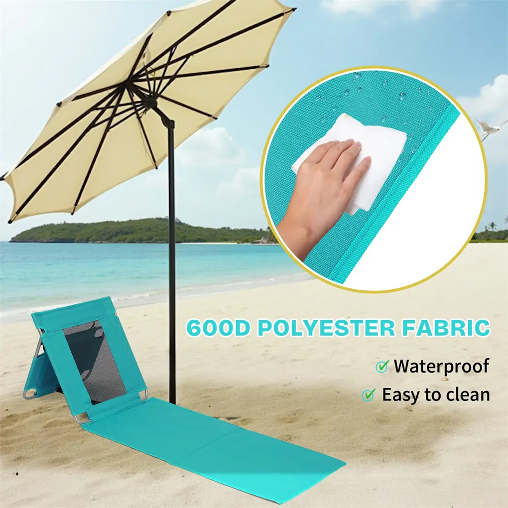 1PC Foldable Beach Lounger, Lightweight Beach Mat Lounge Chair with Breathable Mesh Back, Cooler Pocket for Tanning Relaxing