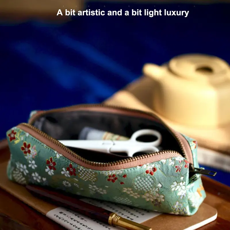 Vintage Gold Stamping Embroidery Pencil Bag Large Capacity Pencilcase Pencil Pouch Cosmetic Bag Student Stationery