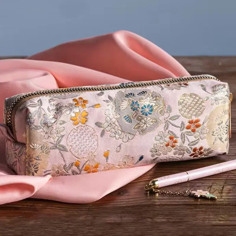 Vintage Gold Stamping Embroidery Pencil Bag Large Capacity Pencilcase Pencil Pouch Cosmetic Bag Student Stationery