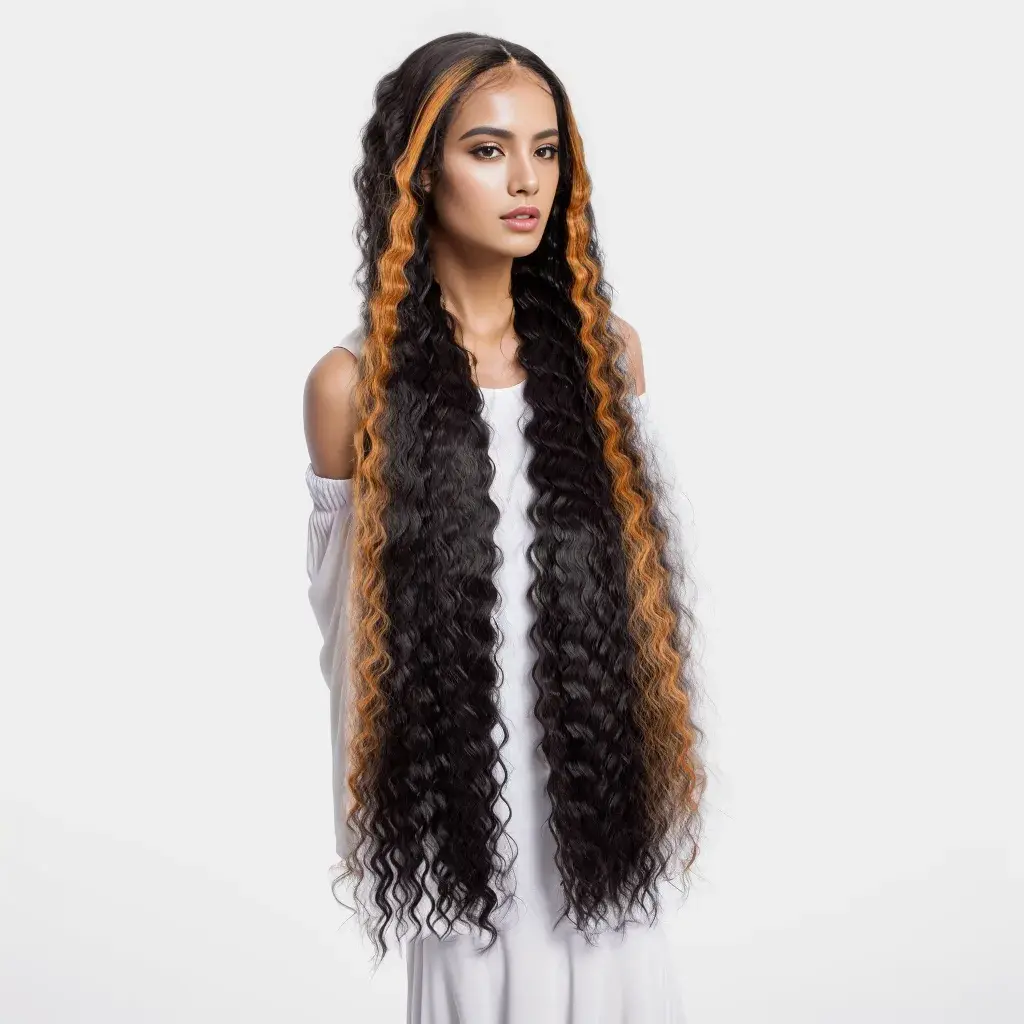 WIGERA Synthetic Ombre Black 40Inch Extra Long Crimp Deep Body Wave Lace Wig Curly Wavy Wigs Highlights With Baby Hair For Women