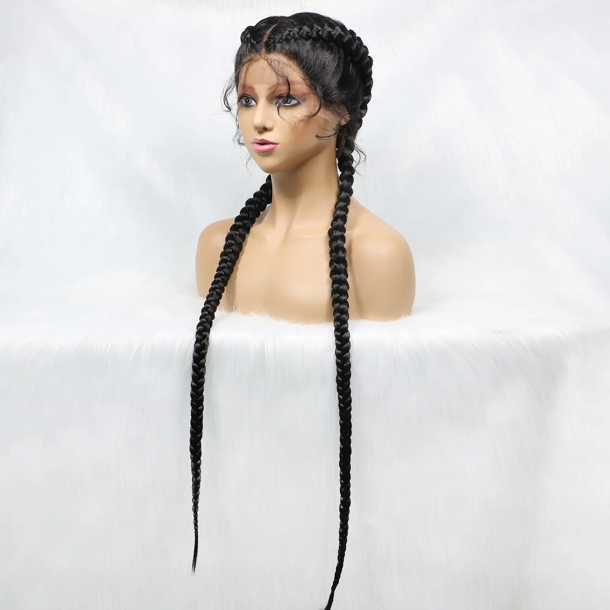 Synthetic Cornrow Braided Wigs Natural Black Braided Lace Front Wig Double Dutch Braids 100% Hand Made with Baby Hairs for Women