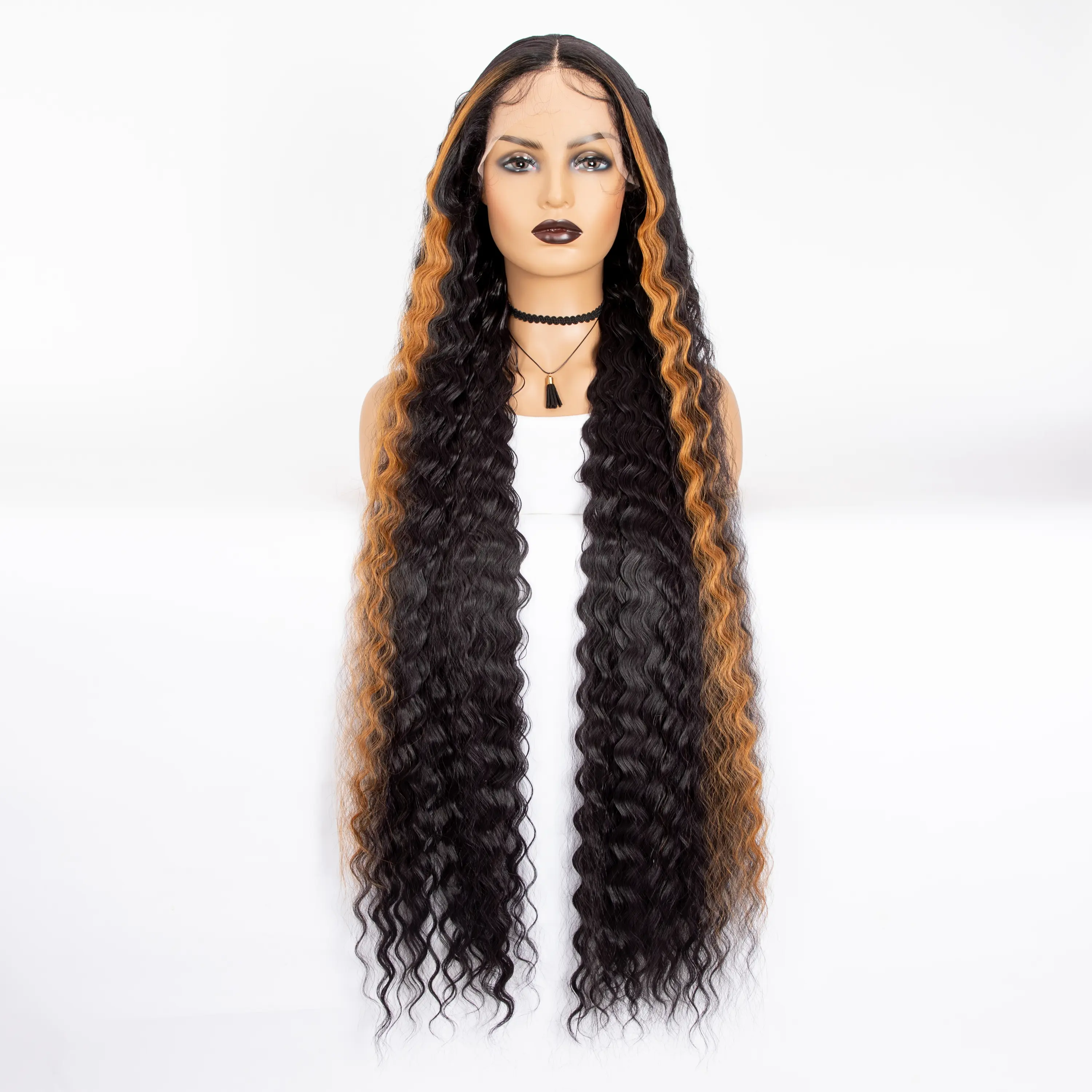 WIGERA Synthetic Ombre Black 40Inch Extra Long Crimp Deep Body Wave Lace Wig Curly Wavy Wigs Highlights With Baby Hair For Women