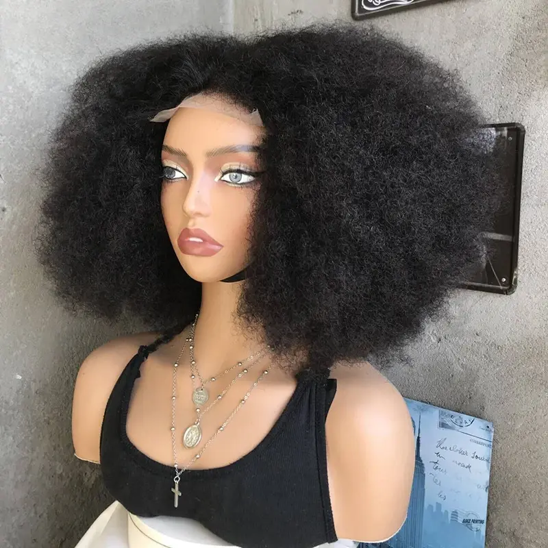 Afro Kinky Curly Wig Blend Hair 4x4 Lace Closure 300% Density Wig Pre-Plucked Synthetic Hair Natural Hairline Glueless Wigs