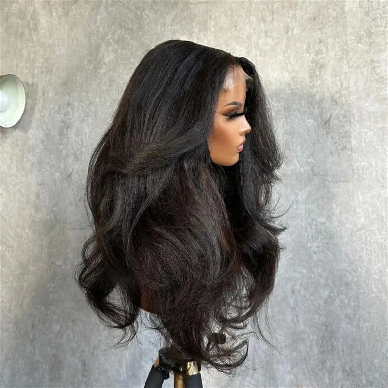 Black 180Density Soft Kinky Yaki Wave 26Inch Long Curly Lace Front Wig For Black Women Baby Hair Preplucked Daily Glueless