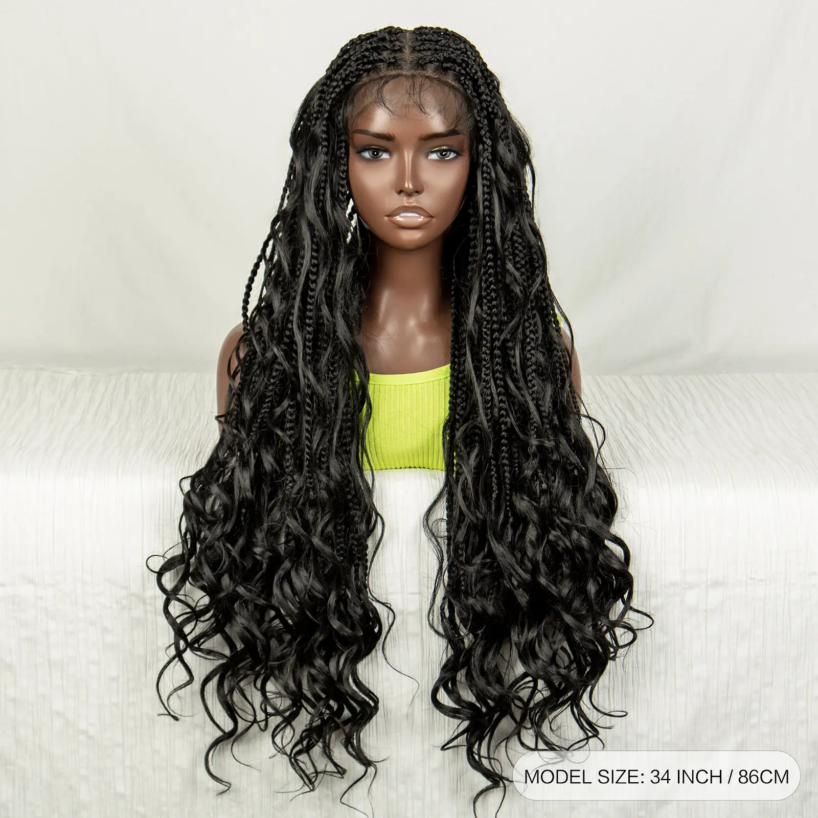 34 Inch Natural Color Synthetic Curly Braided Wigs Deep Wave Full Lace Knotless Box Braided Wigs With Baby Hair For Black Woman