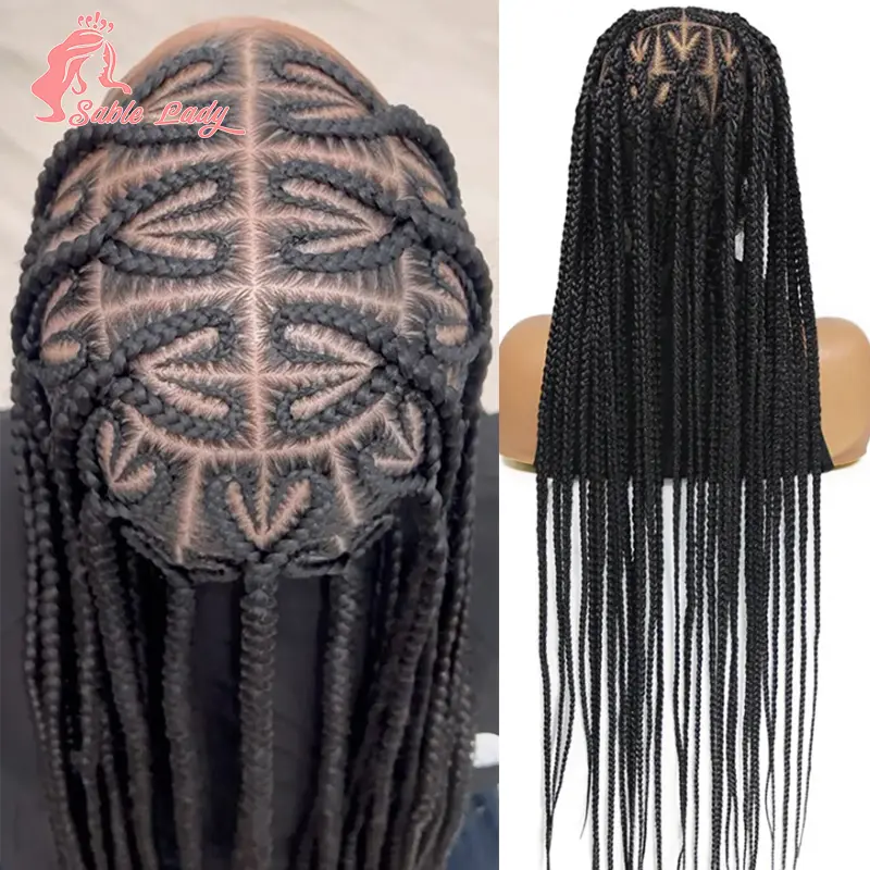 36" Synthetic Braids Hair Wig Braided Wigs For Black Women Cornrow Braid Wig Heart Box Knotless Braided Full Lace Wig Sable Lady