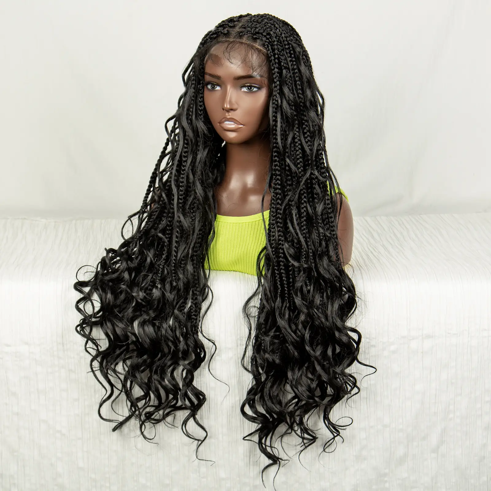 34 Inch Natural Color Synthetic Curly Braided Wigs Deep Wave Full Lace Knotless Box Braided Wigs With Baby Hair For Black Woman