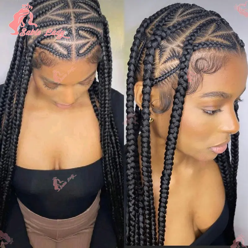 36" Synthetic Braids Hair Wig Braided Wigs For Black Women Cornrow Braid Wig Heart Box Knotless Braided Full Lace Wig Sable Lady