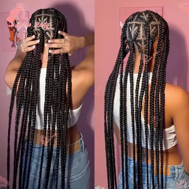 36" Synthetic Braids Hair Wig Braided Wigs For Black Women Cornrow Braid Wig Heart Box Knotless Braided Full Lace Wig Sable Lady