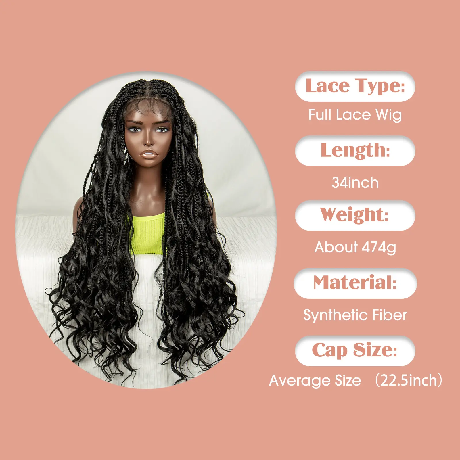34 Inch Natural Color Synthetic Curly Braided Wigs Deep Wave Full Lace Knotless Box Braided Wigs With Baby Hair For Black Woman