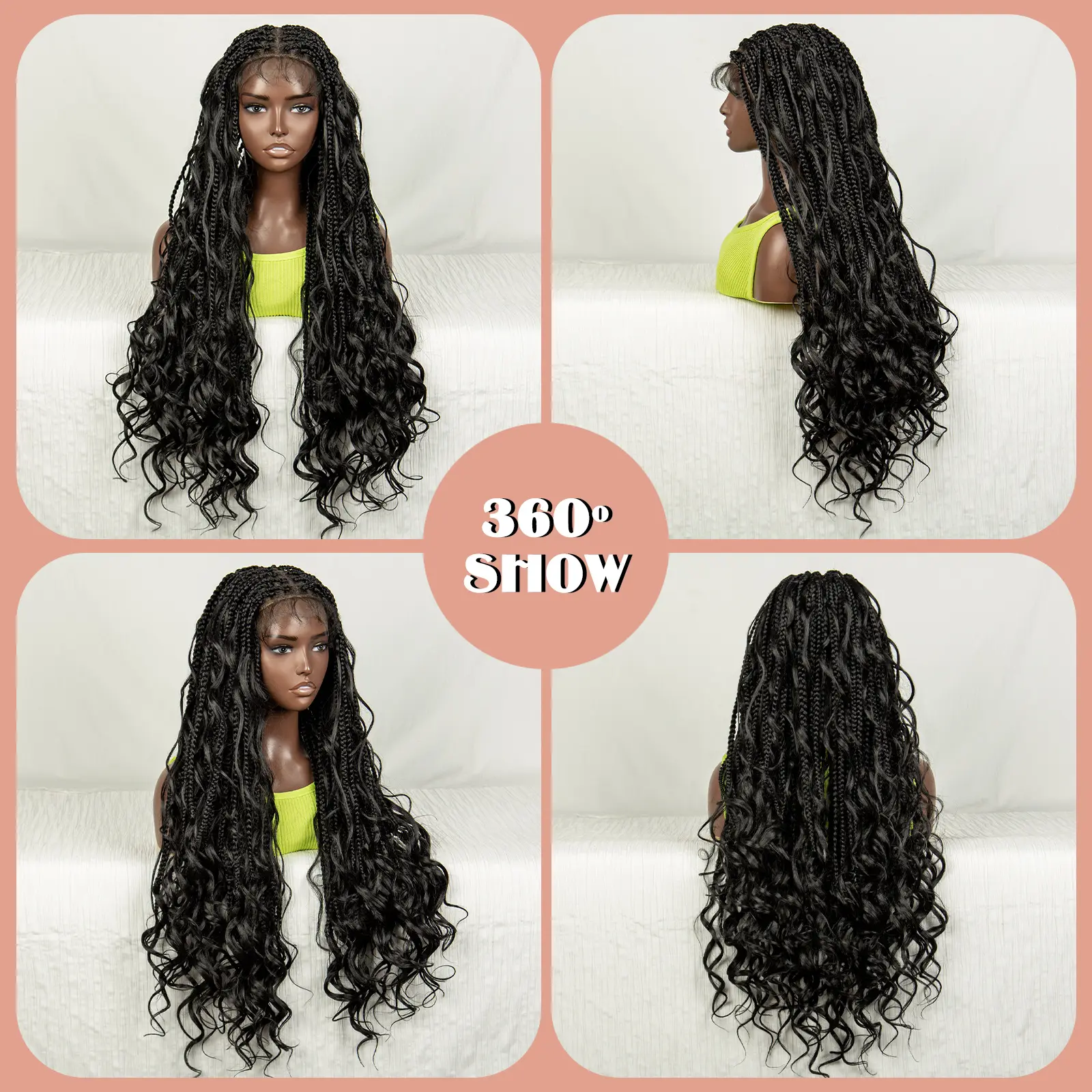 34 Inch Natural Color Synthetic Curly Braided Wigs Deep Wave Full Lace Knotless Box Braided Wigs With Baby Hair For Black Woman
