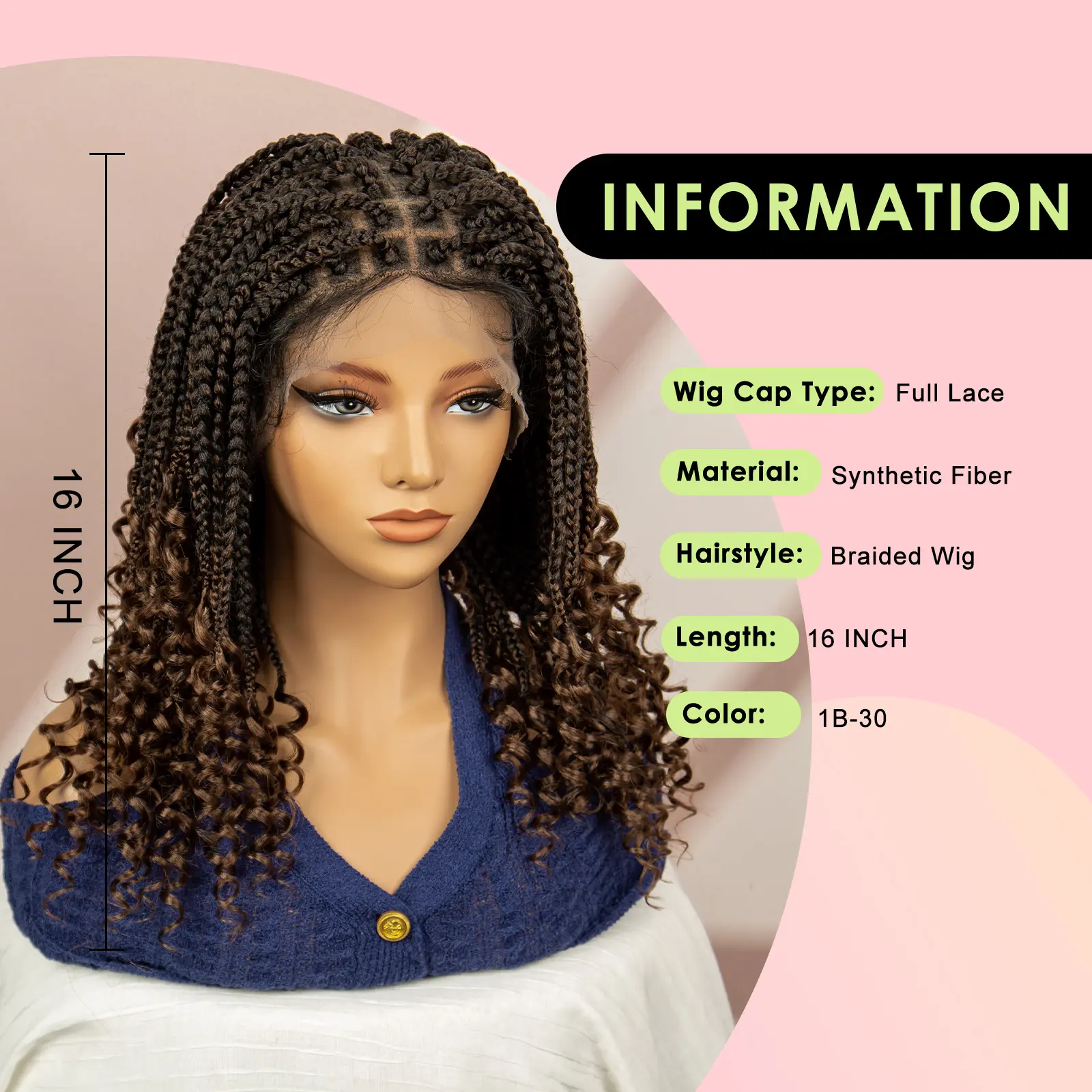 16 Inches Short Box Braided Full Lace Wigs for Black Women Brown Box Braiding Hair Wigs African Braids Lace Wigs Curly Ends Wig