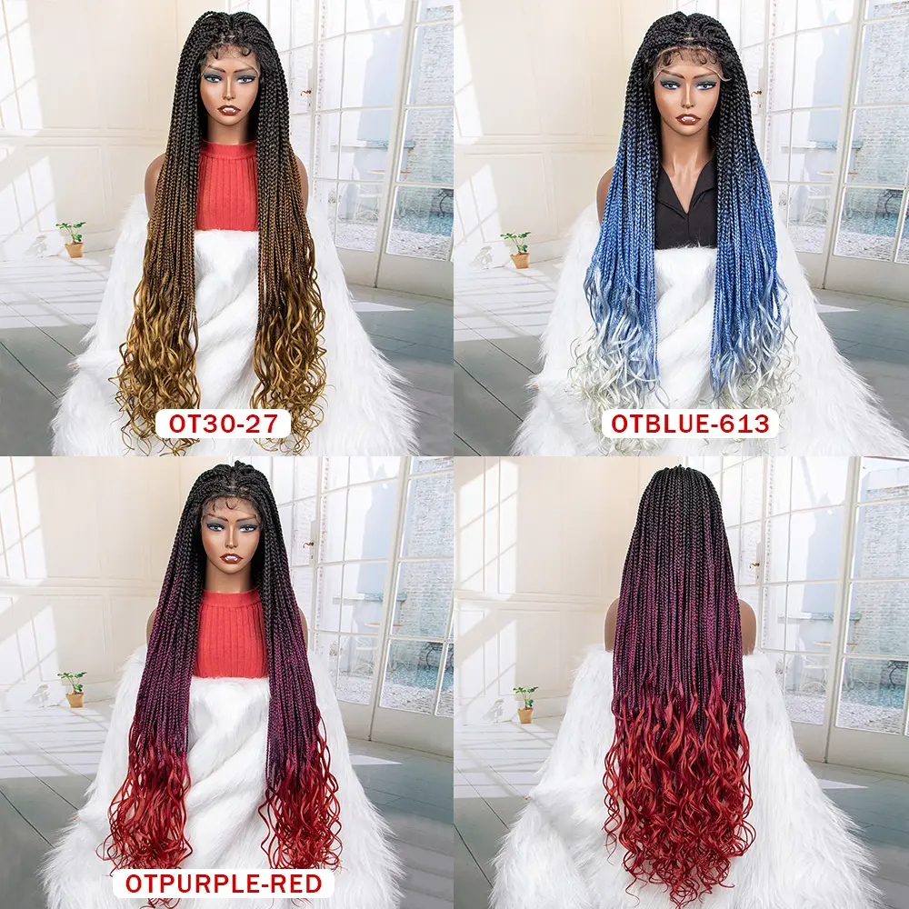 New Arrival 36 Inches Long Synthetic Knotless Braided Wigs with Wave Curly Hair Wig with Baby Hair for Black Women Daily Use