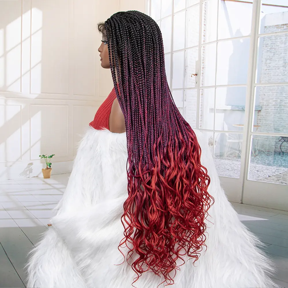 New Arrival 36 Inches Long Synthetic Knotless Braided Wigs with Wave Curly Hair Wig with Baby Hair for Black Women Daily Use
