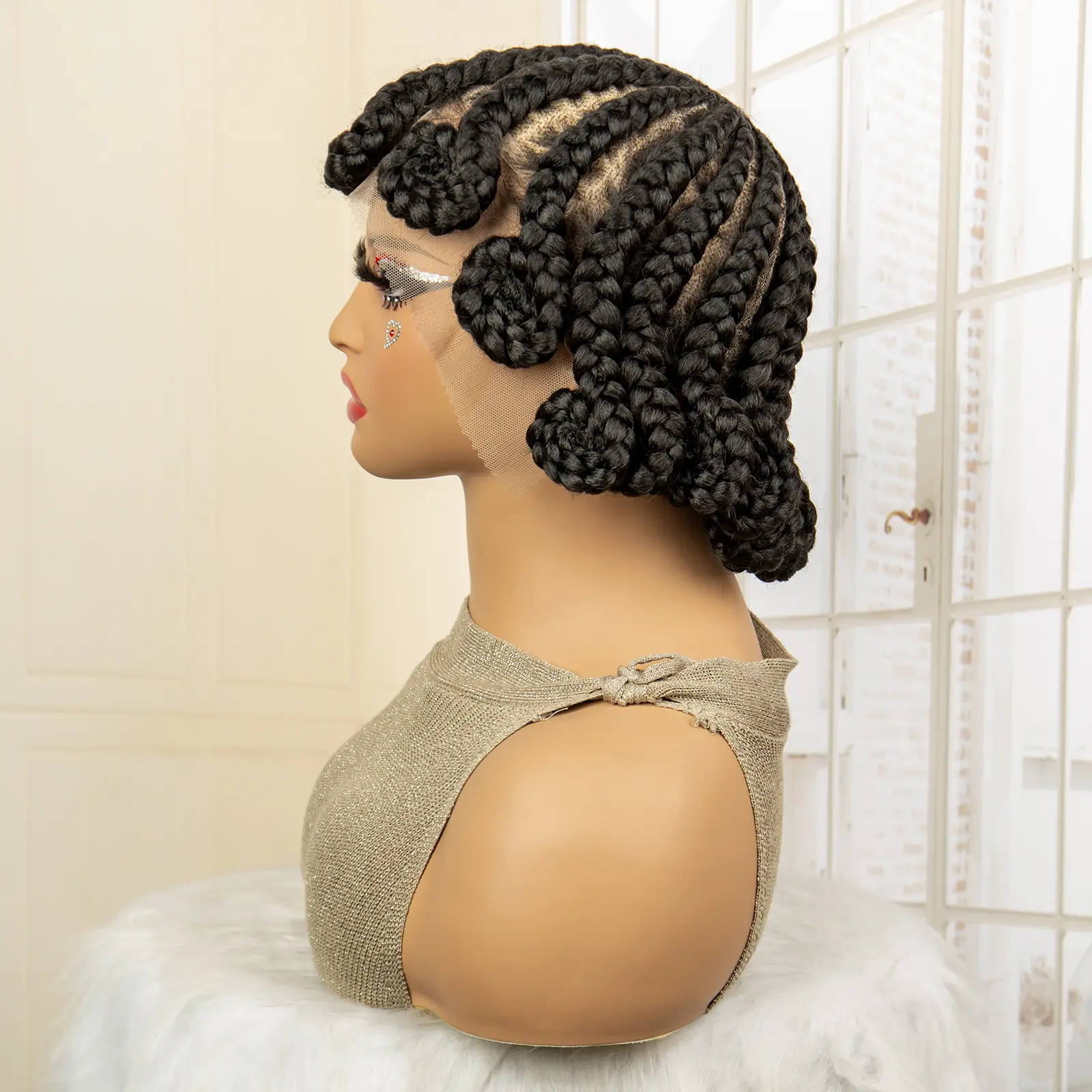 Cornrow Braided Wigs Synthetic Afro Bantu Braids Wigs for Black Women with Baby Hair 8 Inches Full Lace Knotless Braiding Wig