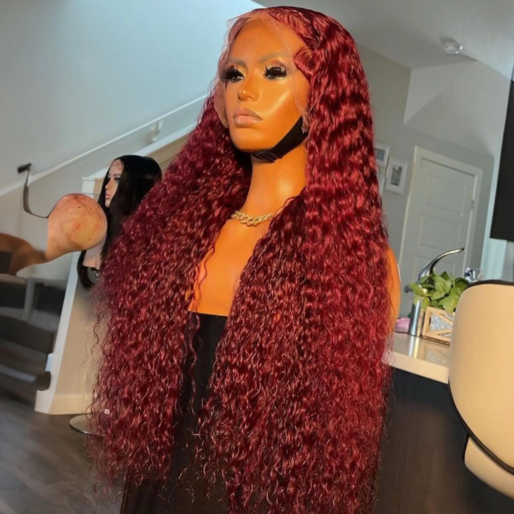 Deep Wave 13X4X1 Lace Front Wig 99J Red Burgundy Color Synthetic Wigs For Black Women Preplucked Bleached Knots Glueless Wig