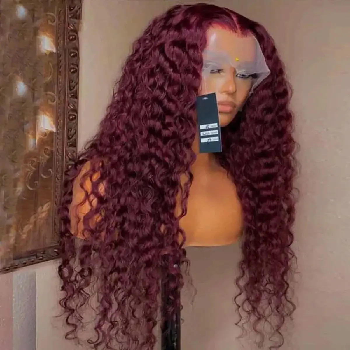 Deep Wave 13X4X1 Lace Front Wig 99J Red Burgundy Color Synthetic Wigs For Black Women Preplucked Bleached Knots Glueless Wig