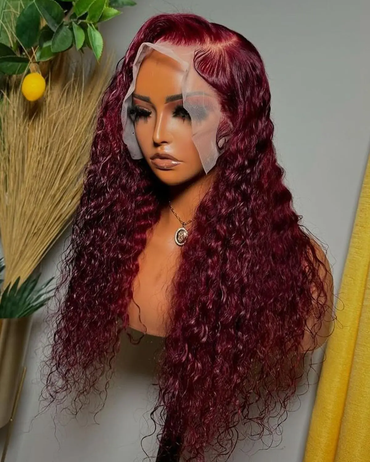 Deep Wave 13X4X1 Lace Front Wig 99J Red Burgundy Color Synthetic Wigs For Black Women Preplucked Bleached Knots Glueless Wig