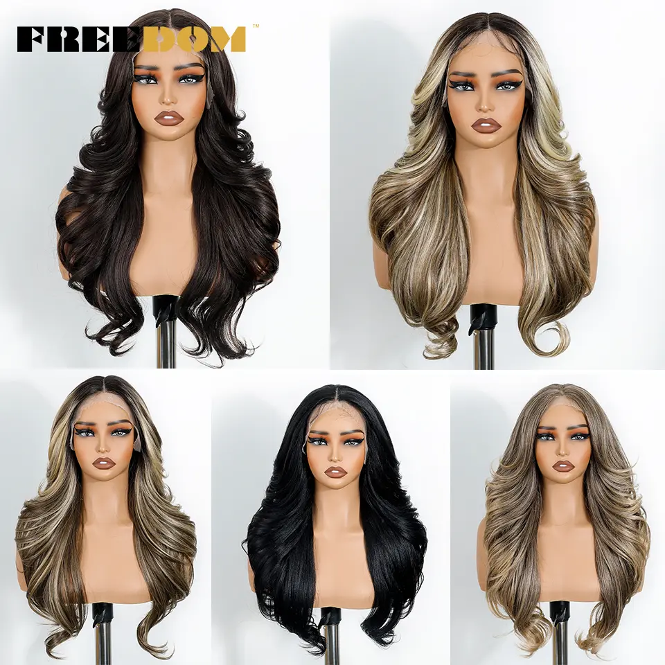 FREEDOM Synthetic Lace Front Wigs For Black Women Body Wave Lace Wig 24 inches Ombre Brown Blonde Wigs Bouncy Curly Cosplay Wig