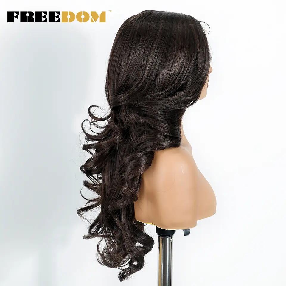 FREEDOM Synthetic Lace Front Wigs For Black Women Body Wave Lace Wig 24 inches Ombre Brown Blonde Wigs Bouncy Curly Cosplay Wig