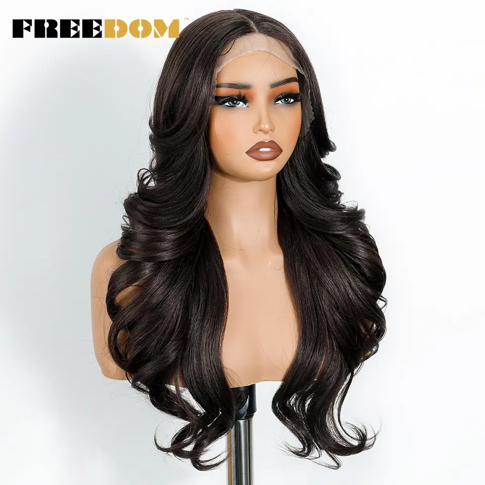 FREEDOM Synthetic Lace Front Wigs For Black Women Body Wave Lace Wig 24 inches Ombre Brown Blonde Wigs Bouncy Curly Cosplay Wig