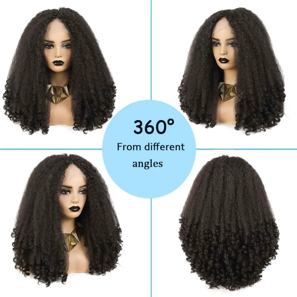 X-TRESS Lace Front Wig Synthetic Kinky Straight with Curly Ends Long Afro Wigs for Black Women Fluffy Bouncy Hair Wig  Brown