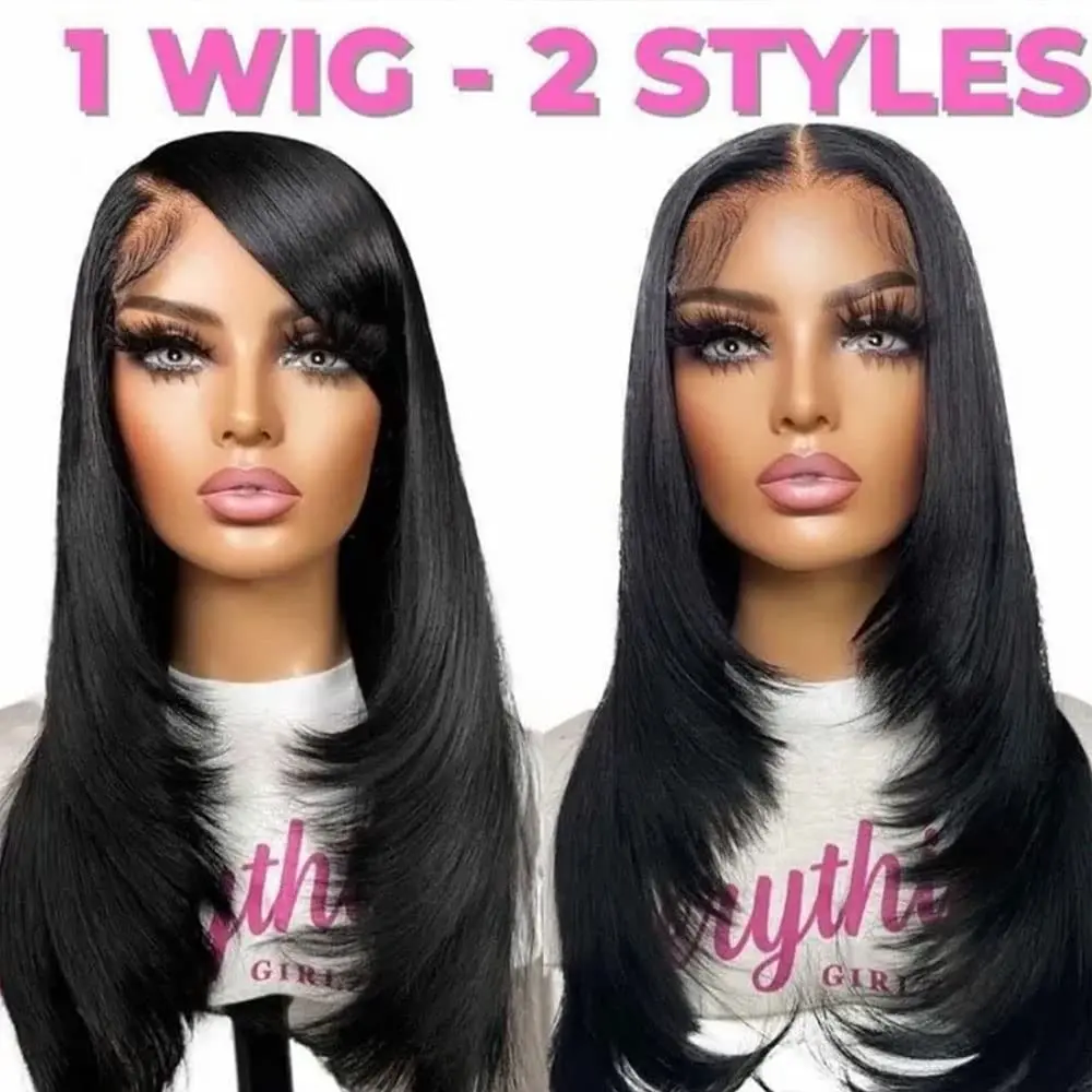 13X6 Layered Lace Front Wig Natural Black Straight Lace Front Wigs For Black Women Synthetic Layered Cut Lace Wig Glueless Wigs