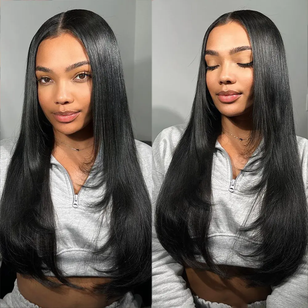 13X6 Layered Lace Front Wig Natural Black Straight Lace Front Wigs For Black Women Synthetic Layered Cut Lace Wig Glueless Wigs