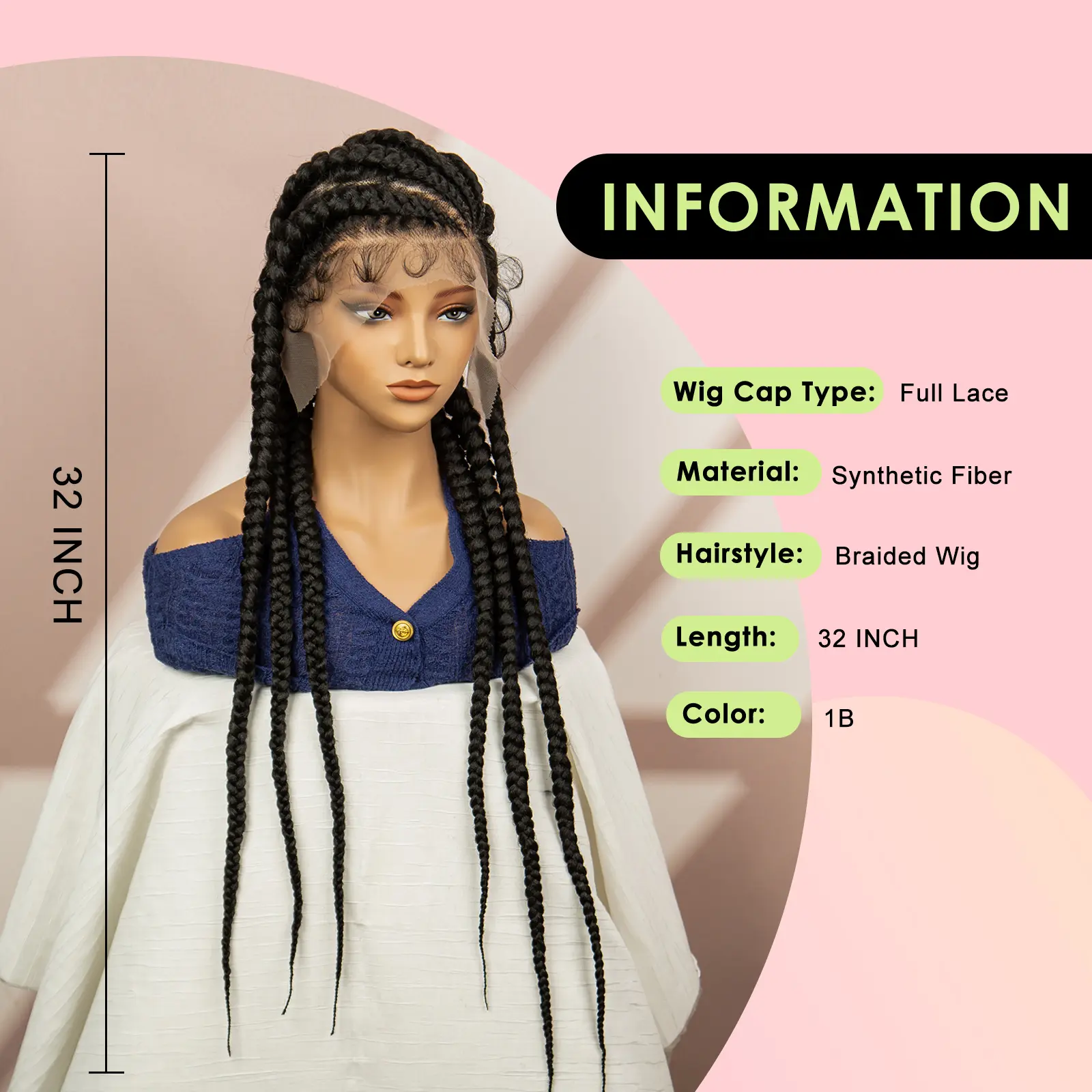 32 Inches Big Cornrow Hairstyles Synthetic Full Lace Braided Wigs for Black Women Double Lace  Frontal Synthetic Hair