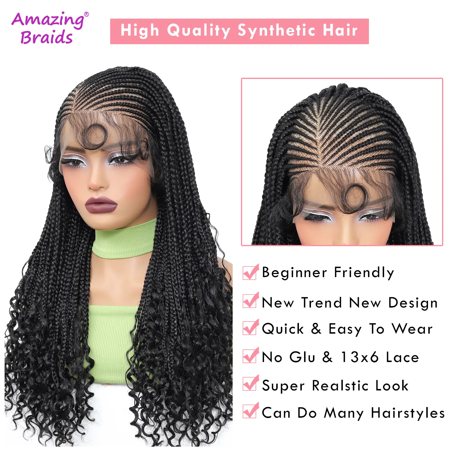 Box Cornrow Braided Wigs Synthetic Full Lace Front Braided Wigs With Baby Hair for Black Women 24inches