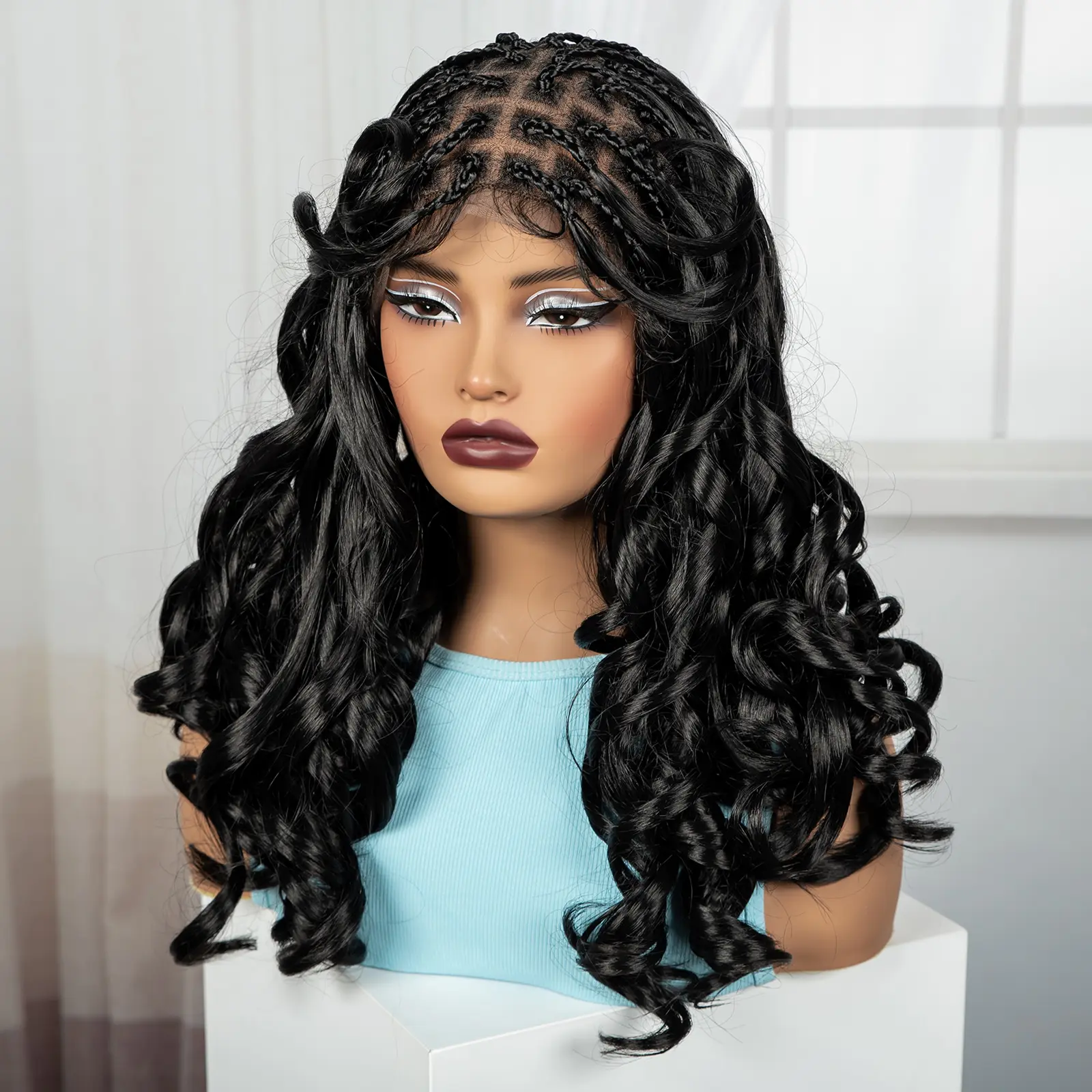18" Full Lace Bouncy Wavy Braided Wigs with Bangs Synthetic Natural Knotless Box Braided Lace Wig with Baby Hair for Black Women
