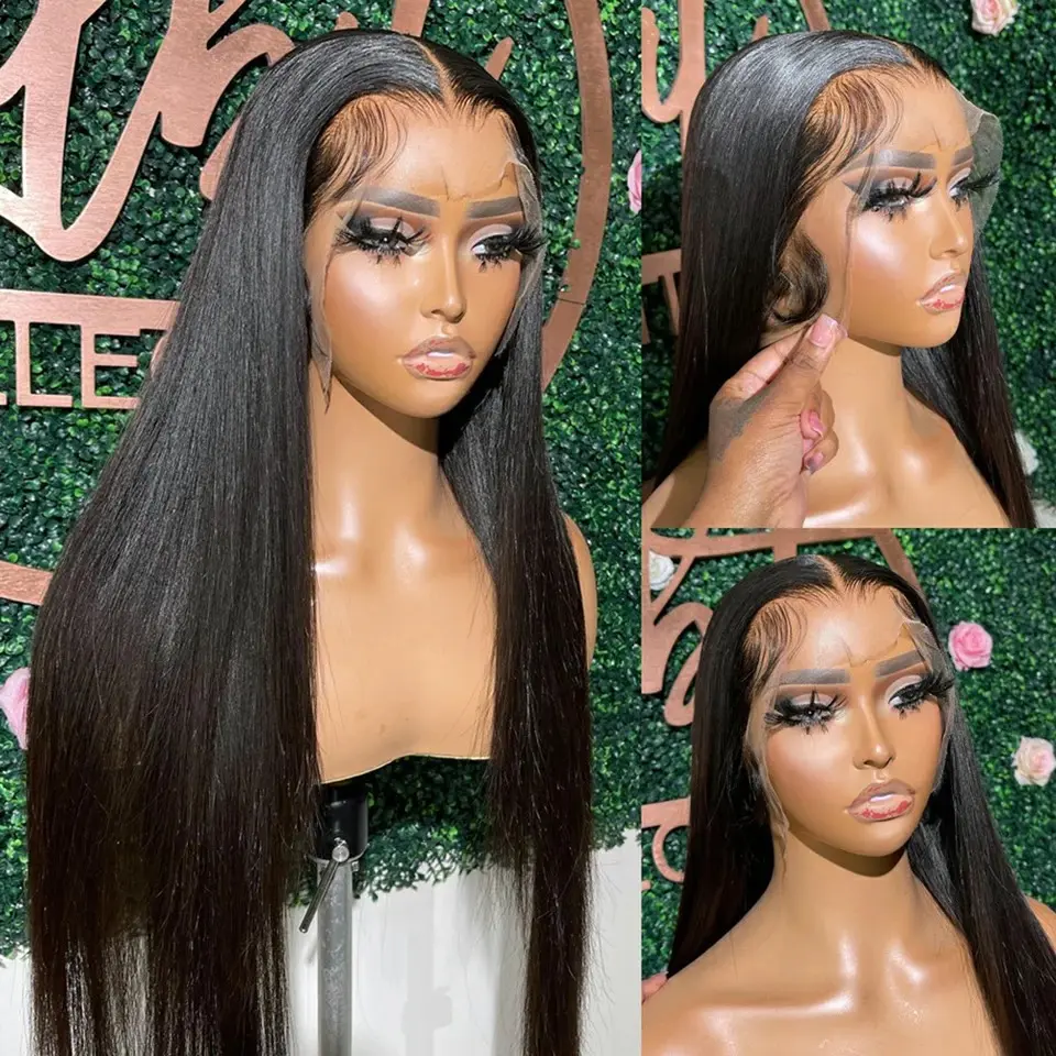 Long Straight 13X4 Lace Frontal Wig Black Color Synthetic Wigs For Black Women Preplucked With Baby Hair Bleach Knots Glueless