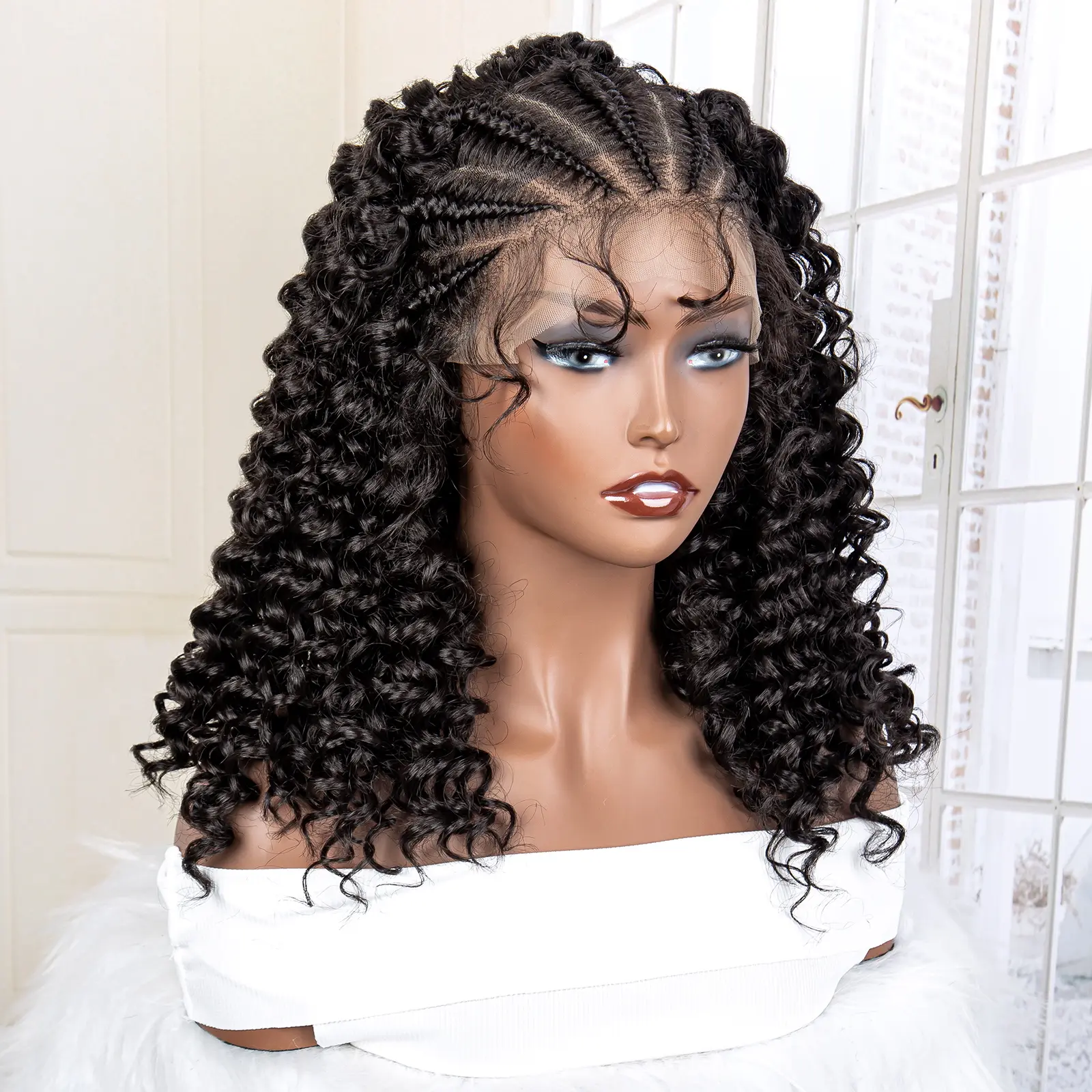 New Arrival Synthetic Lace Frontal Water Curly Wave Braides Wigs for Afro Brazilian Women 16 Inches Braiding Wigs with Baby Hair