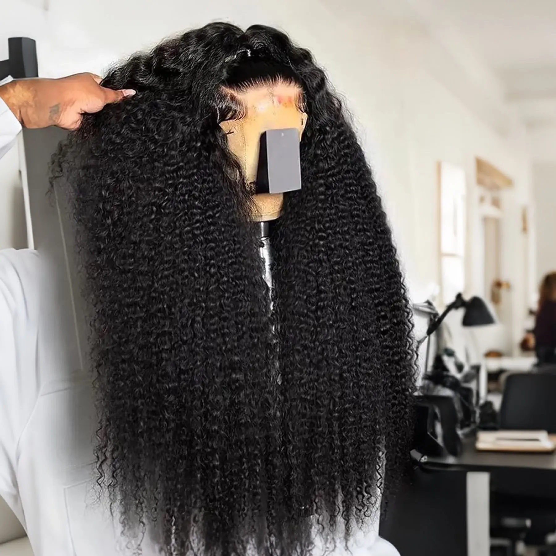 Black Color 13X4X1 Lace Front Synthetic Wig Ponytail Jerry Curly Prepluck Bleached Knot Heat Resistant Fiber Cosplay Daily Party