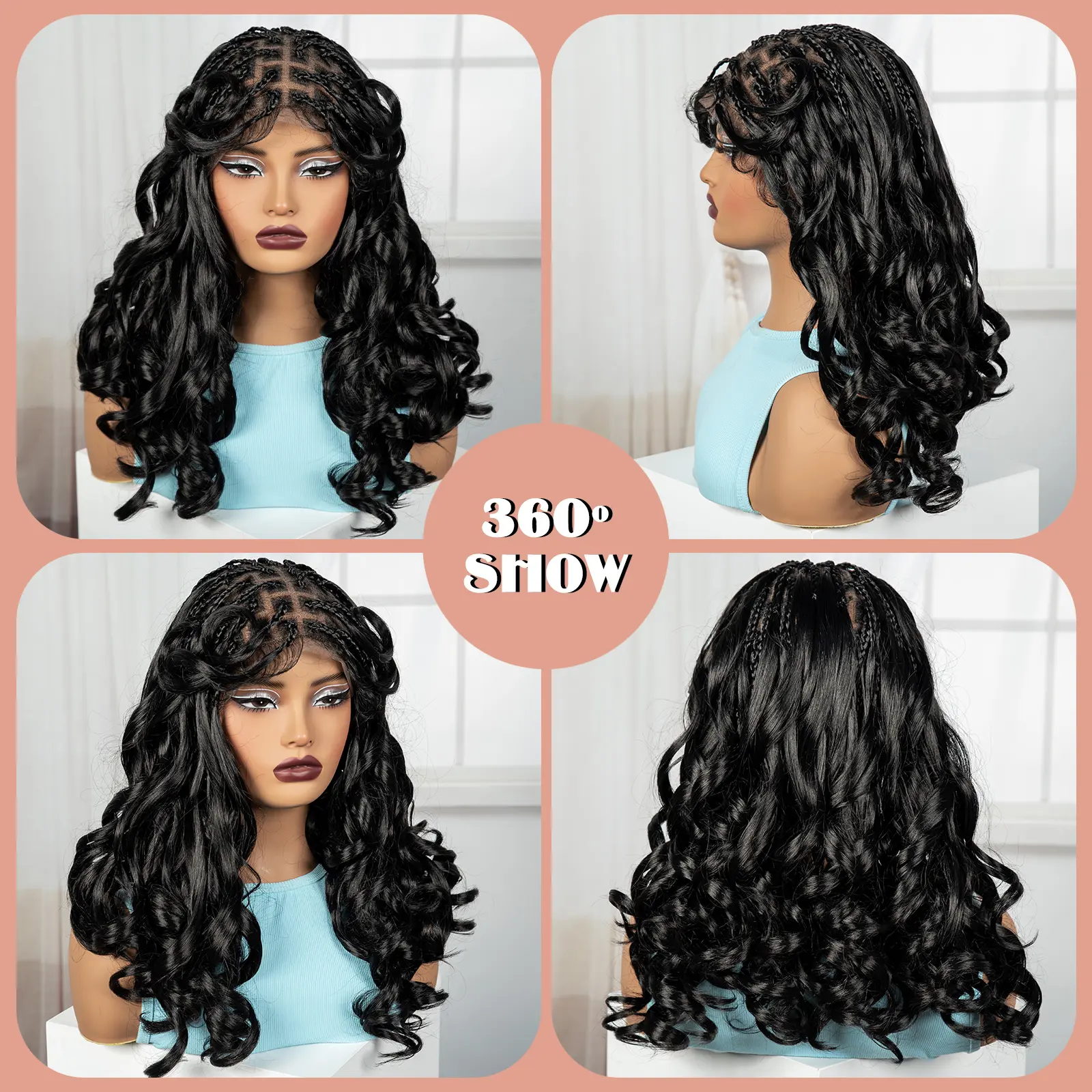 18" Full Lace Bouncy Wavy Braided Wigs with Bangs Synthetic Natural Knotless Box Braided Lace Wig with Baby Hair for Black Women