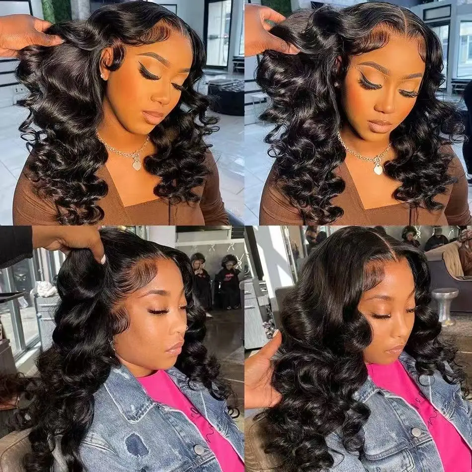 Loose Deep Wave Black Color Synthetic Soft 13X4X1 Lace Frontal Wig For Women Prepucked Bleach Knots Glueless Wig Daily Party