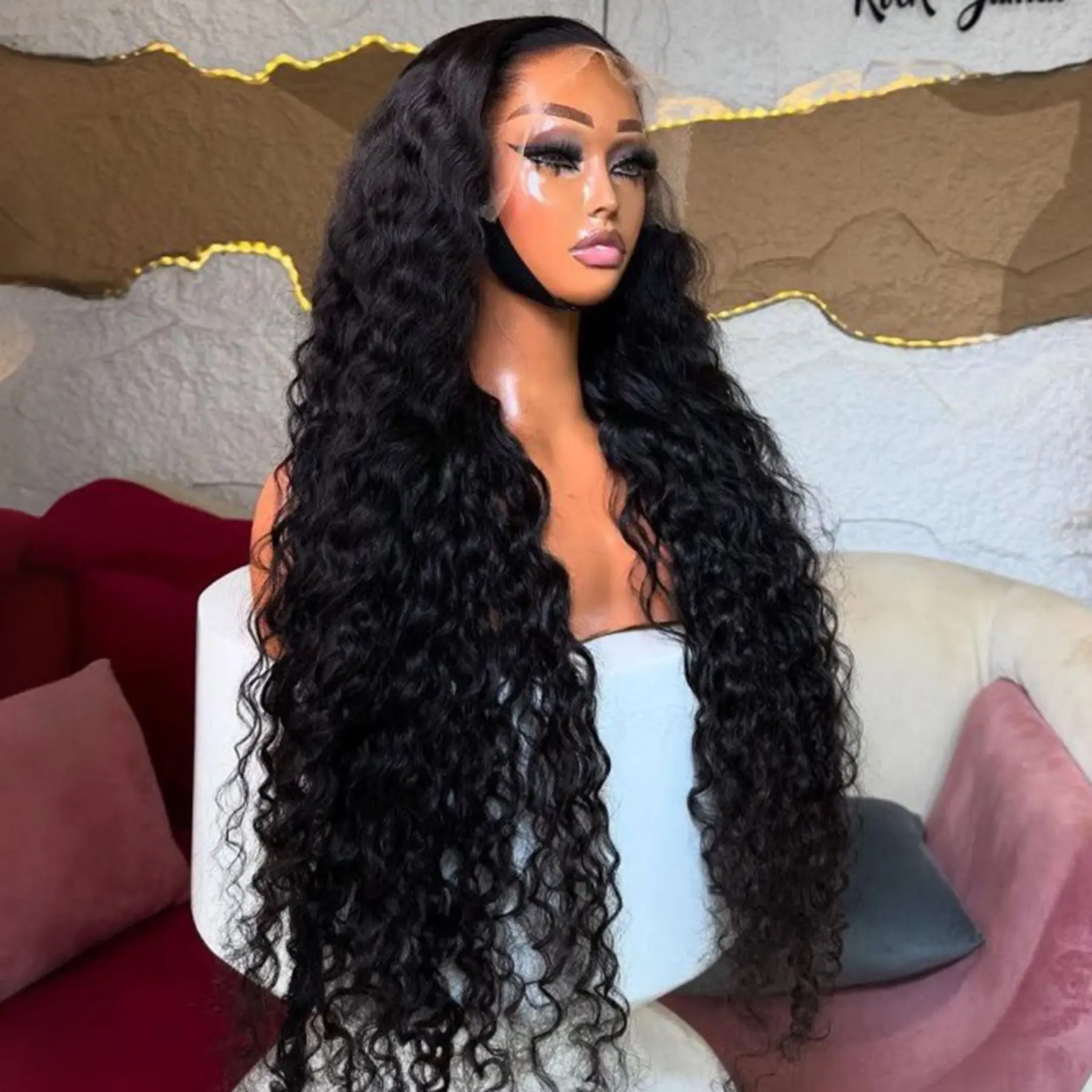 Long Jerry Curly Black Color Synthetic 13X4X1 Lace Frontal Wig For Black Women Prepucked Bleach Knots Glueless Wig Daily Party