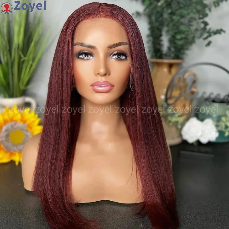Yaki Kinky Straight Burgundy 99J Red Synthetic Lace Front Wig For Black Women Baby Hair Soft Glueless Preplucked Heat Resistant
