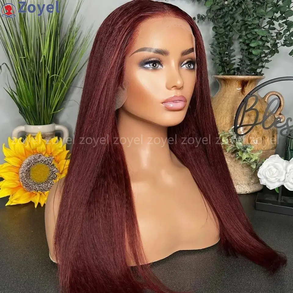 Yaki Kinky Straight Burgundy 99J Red Synthetic Lace Front Wig For Black Women Baby Hair Soft Glueless Preplucked Heat Resistant