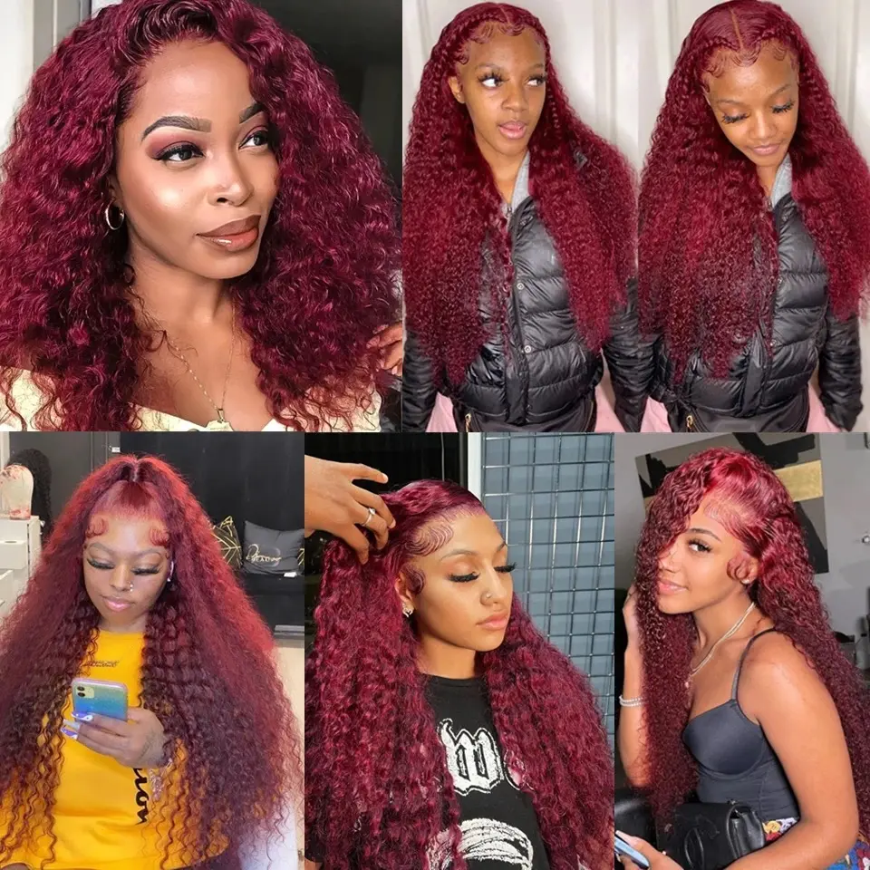 99J Red Burgundy Color Deep Wave 13X4 Lace Frontal Synthetic Wig For Women Natural Hairline Baby Hair Preplucked Bleach Knots