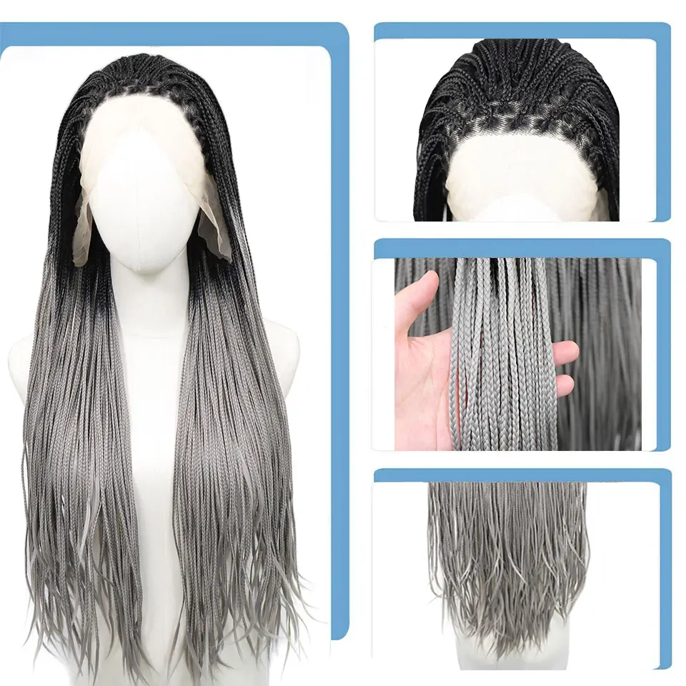 Ombre Grey Box Braided Wigs For Women 13x3 Synthetic Braided Lace Front Wig Blonde Highlight Braiding Hair Pink Red Colored Wig