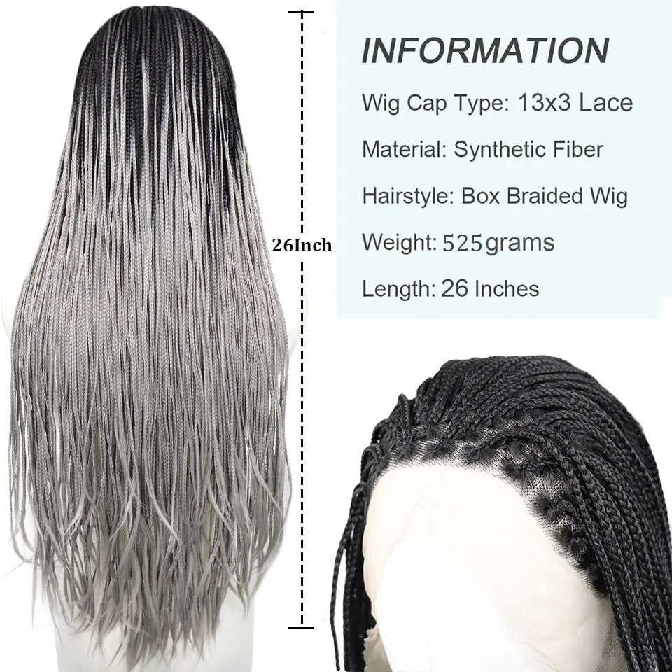 Ombre Grey Box Braided Wigs For Women 13x3 Synthetic Braided Lace Front Wig Blonde Highlight Braiding Hair Pink Red Colored Wig