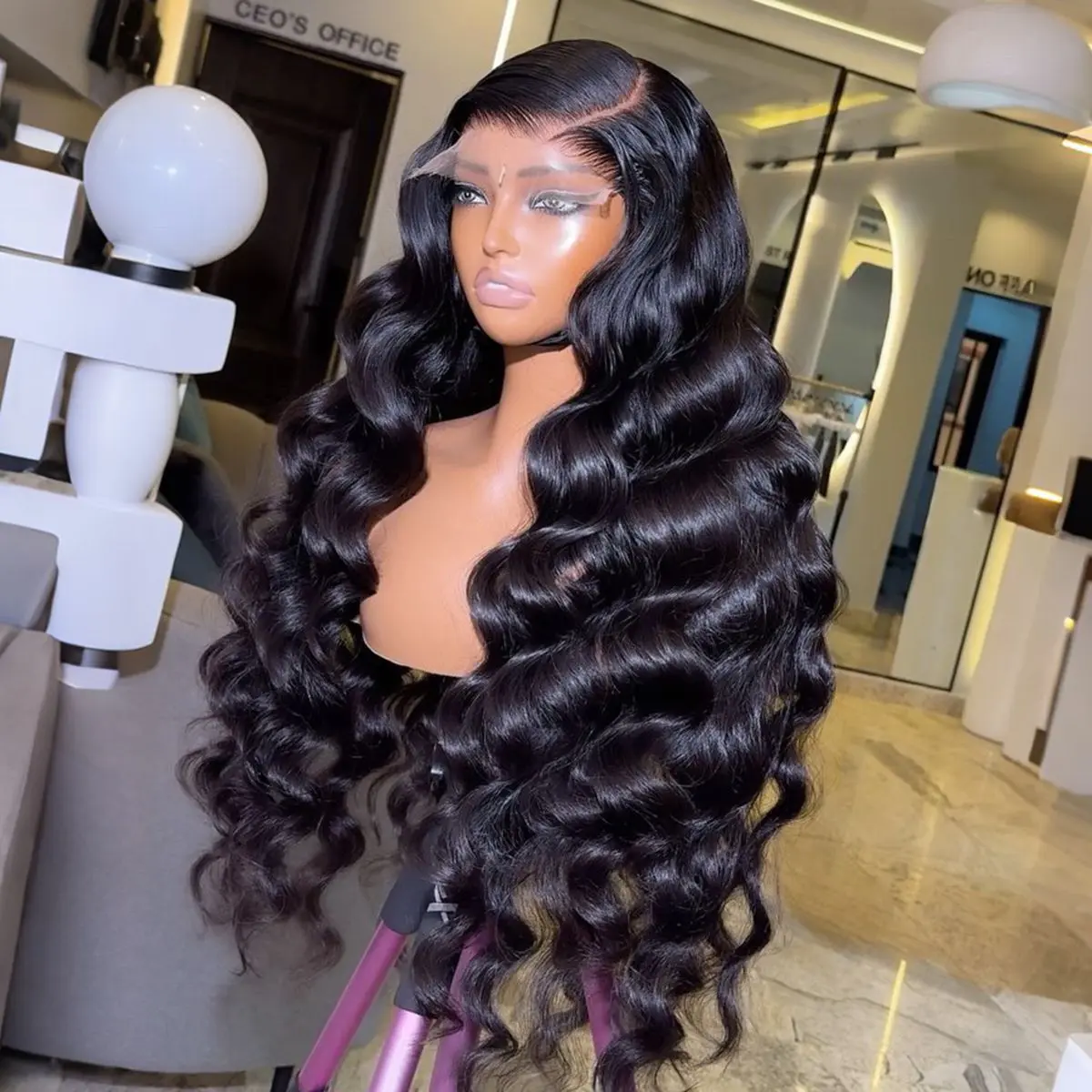 Loose Wave 13X4 Lace Frontal Synthetic Long Wig For Black Women Natural Black Color Wet And Wavy Hairline Preplucked Cosplay