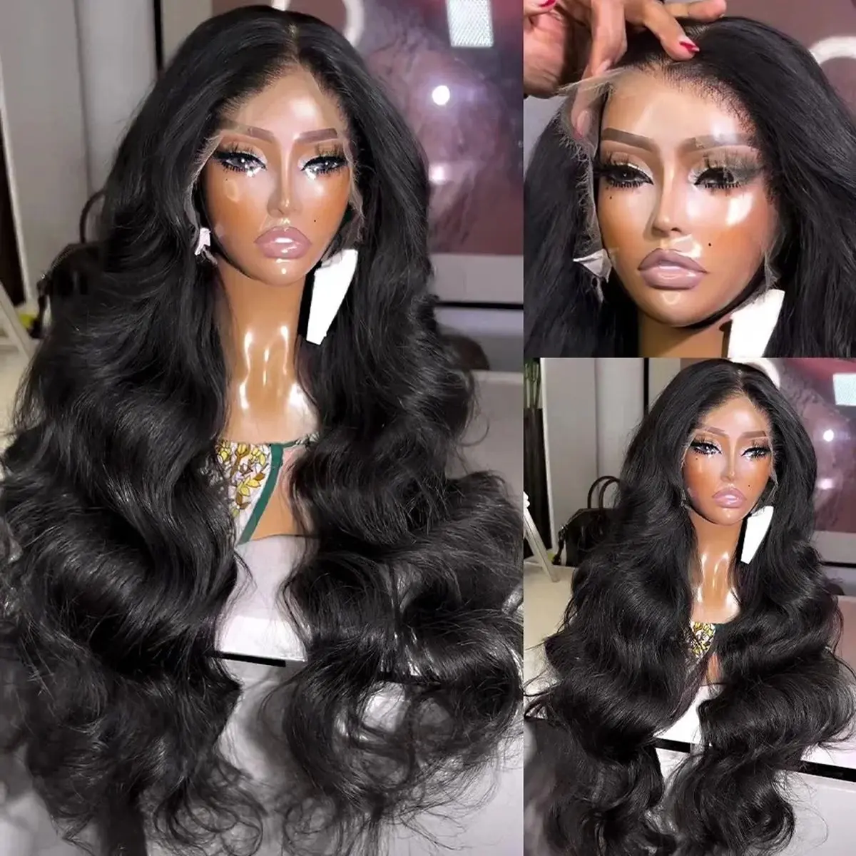 Loose Wave 13X4 Lace Frontal Synthetic Long Wig For Black Women Natural Black Color Wet And Wavy Hairline Preplucked Cosplay