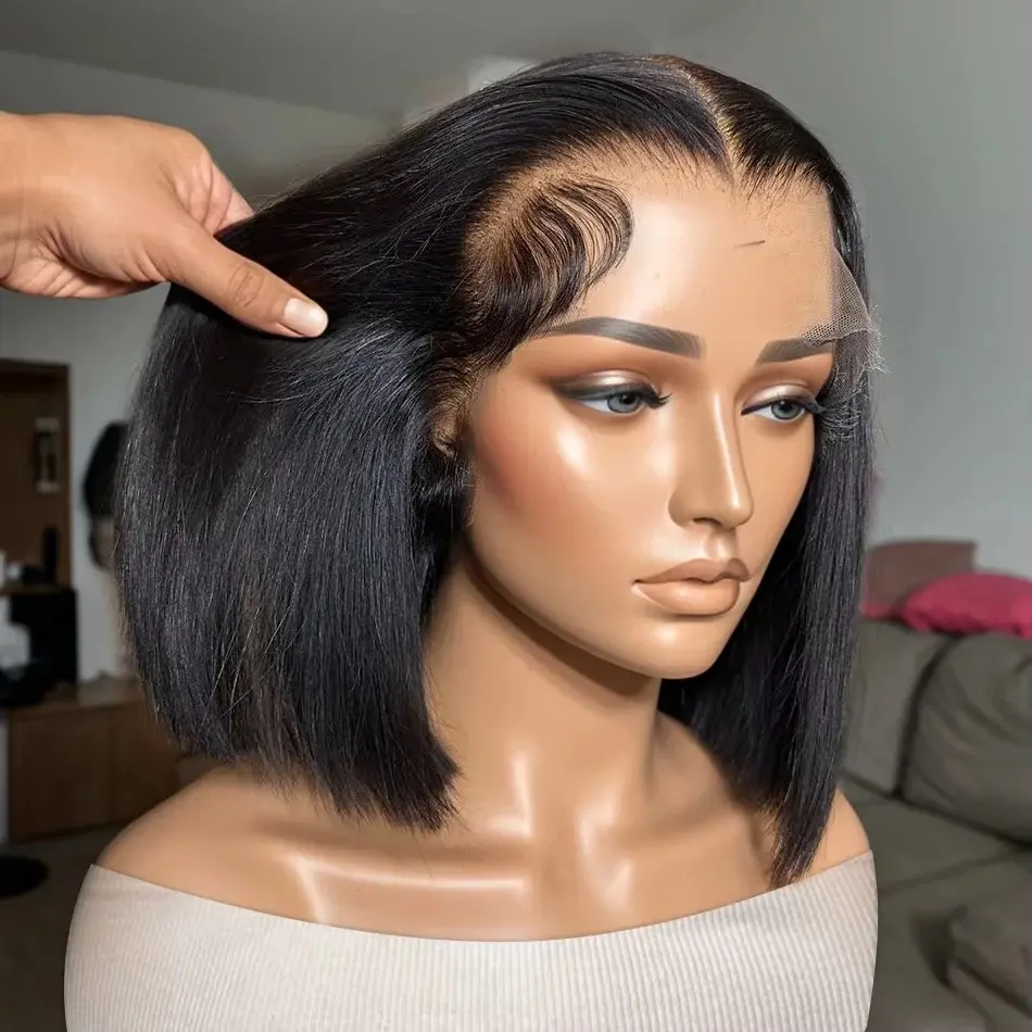 Short Bob Straight 13X4 Lace Front Wig Black Color Synthetic Wigs For Black Women Prepluck With Baby Hair Bleach Knots Glueless