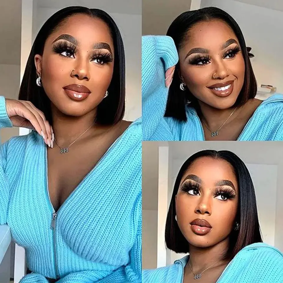 Short Bob Straight 13X4 Lace Front Wig Black Color Synthetic Wigs For Black Women Prepluck With Baby Hair Bleach Knots Glueless