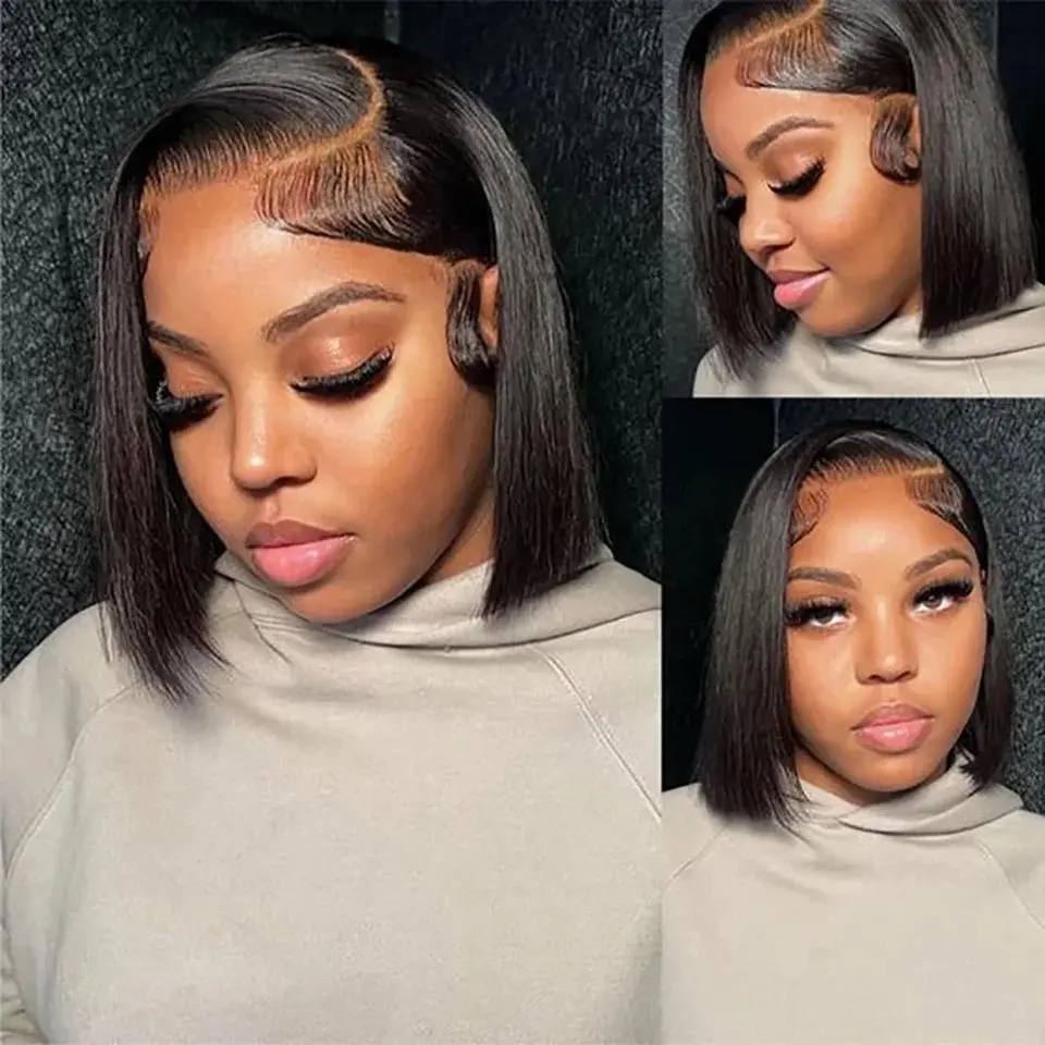 Short Bob Straight 13X4 Lace Front Wig Black Color Synthetic Wigs For Black Women Prepluck With Baby Hair Bleach Knots Glueless